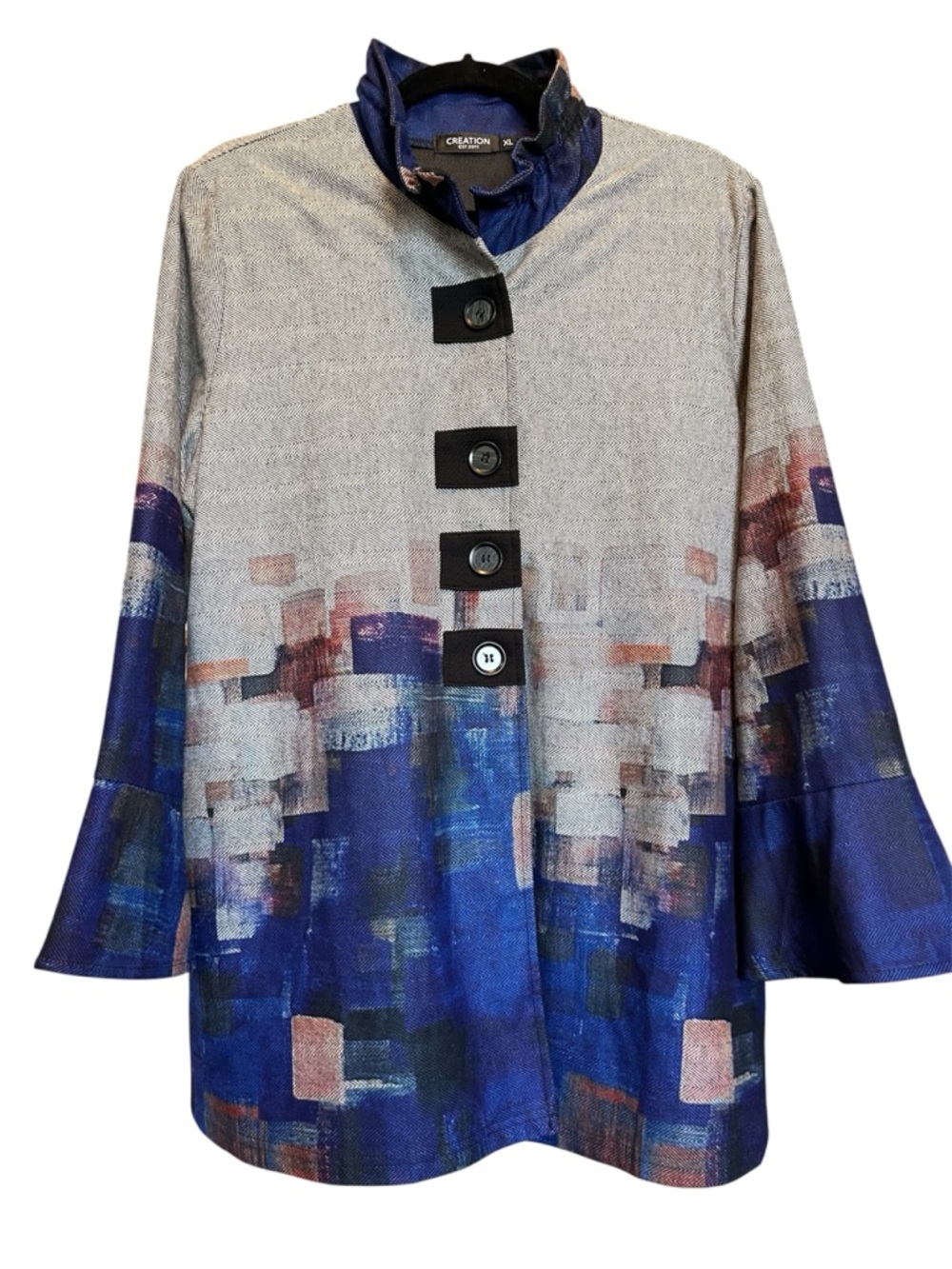 CREATION Abstract Print Shirt with Buttons, Bell Sleeves, and Pockets, Size XL